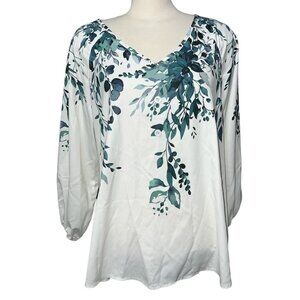 BloomChic NWT Floral V Neck Cinched Sleeve Blouse Sz 10 (M) Womens White & Green